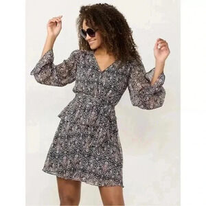 NWT LC Lauren Conrad Peplum Hem Faux-Wrap Dress Black Floral